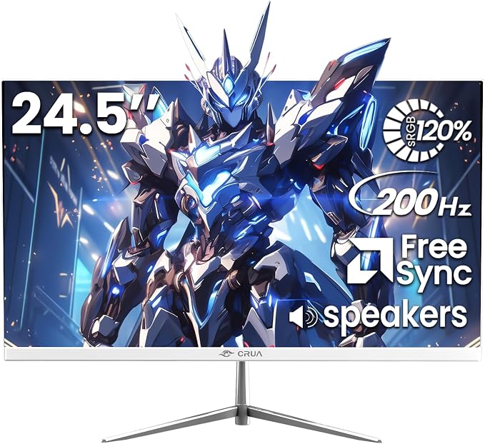 CRUA 24.5" White Gaming Monitor, 200Hz FHD VA Screen Computer Monitor, Supports by CRUA