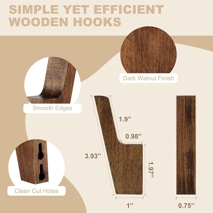 VIS'V Walnut Wall Hooks, Wall Mount Wooden Coat Hooks - Image 4