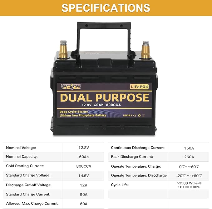 WEIZE 12V 60AH Dual Purpose LiFePO4 Lithium Battery, 800CCA Group 24 Group 34 - Image 6