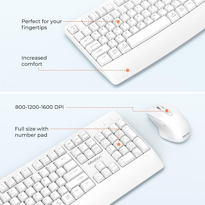 MEETION White Wireless Keyboard and Mouse, 2.4G USB Receiver Plug-and-Play - Image 3
