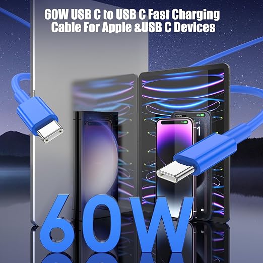 3-Pack Blue 60W USB C to USB C Cable, Type C Fast Charging Cable - Image 3