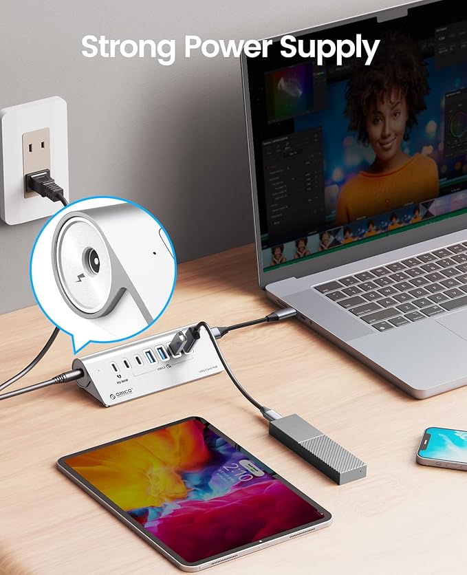 ORICO 7 Port USB Hub 10Gbps, Aluminum USB 3.2 Gen 2 Hub, 6 USB 3.2 Data Ports - Image 2