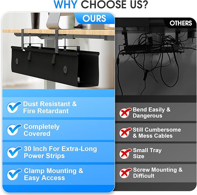 Under Desk Cable Management Tray, 40-inch No-Drill Cord Organizer - Image 6