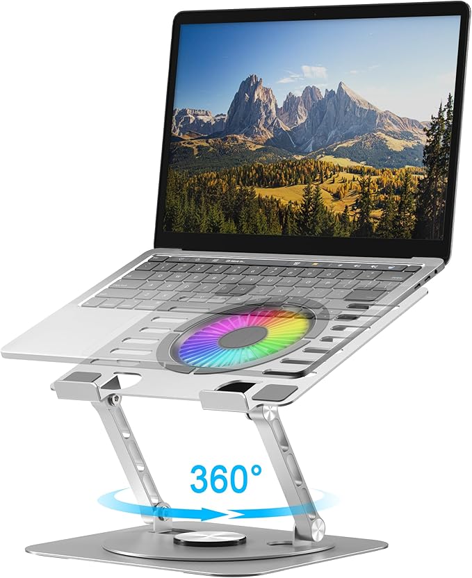 Laptop Stand, with 360°Rotating Base, External Cooling Fan, Adjustable RGB by YTech