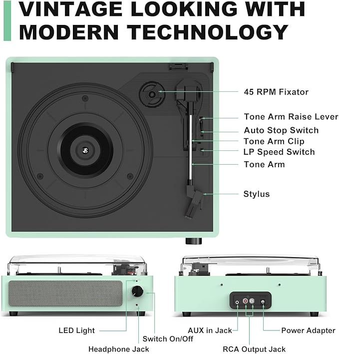 Record Player for Vinyl with Speakers Turntable Vinyls Records Belt-Driven - Image 8