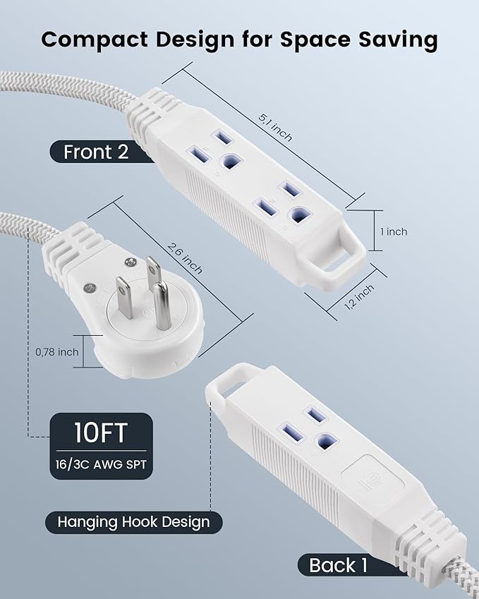 SURAIELEC 10FT 360° Rotating Flat Plug Extension Cord Flat Wall Plug - Image 7