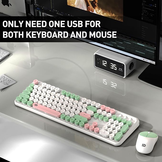 Wireless Keyboard and Mouse Set, 105 Keys Full-Size Cute Colorful Keyboard and - Image 7