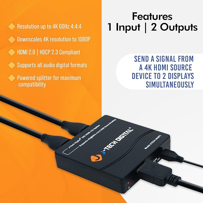 J-Tech Digital HDMI Splitter 1 in 2 Out 4K 60Hz Multi-Resolution Output HDMI - Image 2