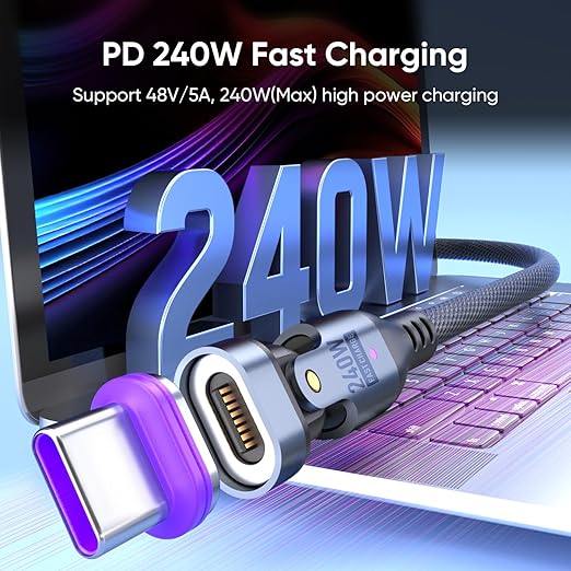 240W Magnetic Charging Cable ，180°Rotating USBC to USB C Magnetic Data Cable - Image 3