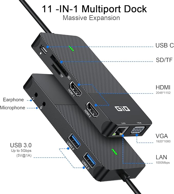USB Docking Station GIQ USB C HUB USB 3.0 to Dual HDMI VGA Adapter Triple - Image 2