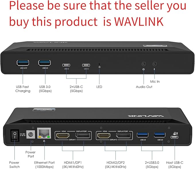 WAVLINK Universal USB C Laptop Docking Station Dual Monitors 5K/4K@60Hz - Image 2