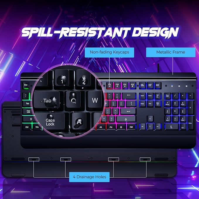 RisoPhy Gaming Keyboard, 104 Keys All-Metal Panel, Rainbow LED Backlit Silent - Image 6