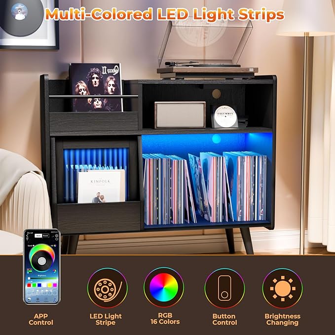 Large Record Player Stand with Sliding Door, 350 Vinyl Record Storage Cabinet - Image 4