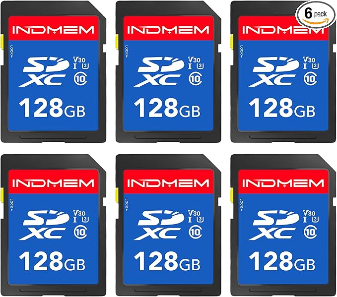 INDMEM SD Card 128GB 6-Pack, Class 10 128GB High Speed up to 90M/S Full HD by READYXIO