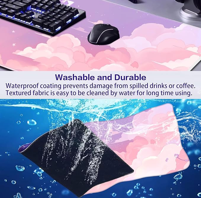 Cute Anime Cloud Desk Mat, Beautiful Pink Stitching Edge Non Slip Rubber Mouse - Image 6