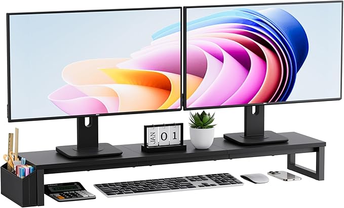Dual Monitor Stand Riser, 41.5'' Extra Long Wood Monitor Stand Desktop Organizer by Unknown