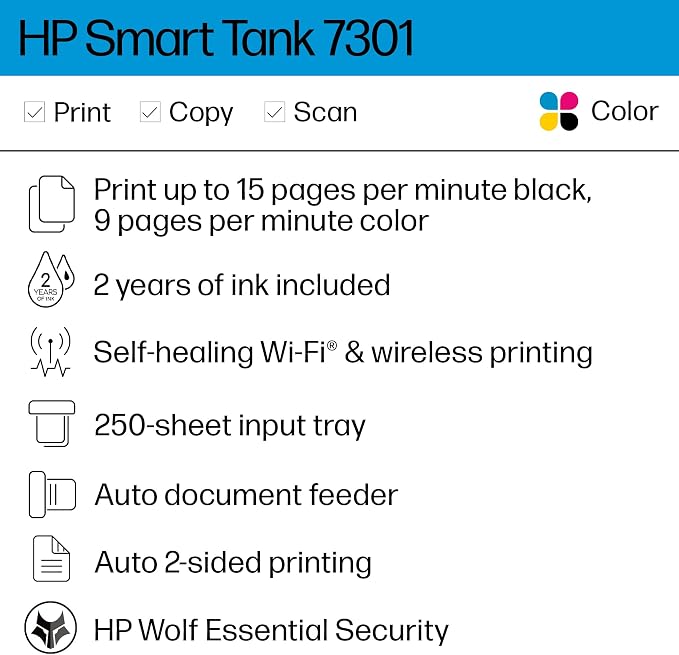 HP Smart Tank 7301 Wireless All-in-One Refillable Ink Tank Printer, Copier - Image 3