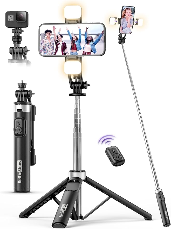 53'' Selfie Stick Tripod with Light, Extendable Selfie Stick with Remote by SelfieShow