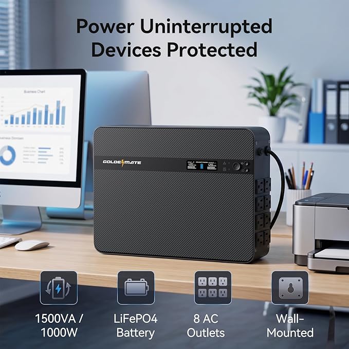 GOLDENMATE 1500VA/1000W Lithium UPS Battery Backup & Surge Protector, LiFePO4 - Image 2