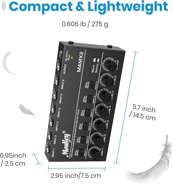 Moukey Audio Mixer, DC 5V, 6 Stereo Ultra, Low Noise 6 Channel Line Mixer - Image 7