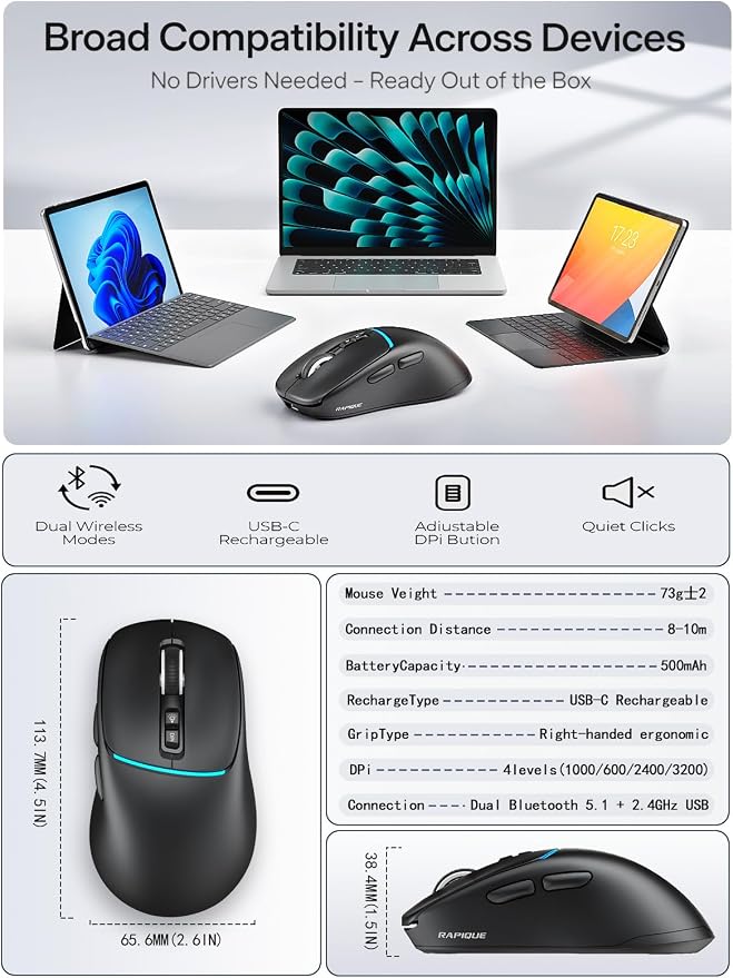 R108 Bluetooth Wireless Mouse – Dual Bluetooth ＆ 2.4GHz USB Receiver, 4 DPI - Image 7
