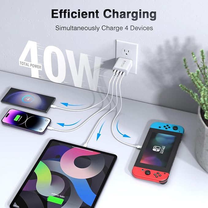 USB C Wall Charger, 40W Fast USB C Charger Block, 4-Port PD+QC Wall Plug Power - Image 3