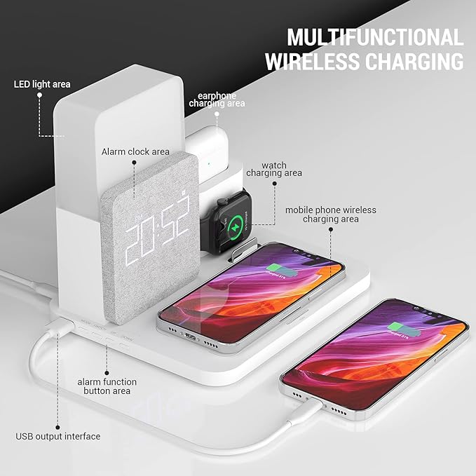 Wireless Charging Station, 7 in 1 Charging Station, Alarm Clock - Image 2