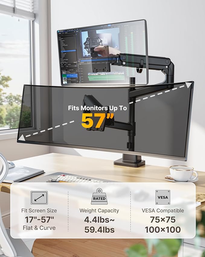 monTEK Dual Monitor Arm for up to 57" and 59.4 lbs Ultrawide Screen, Aluminum - Image 2