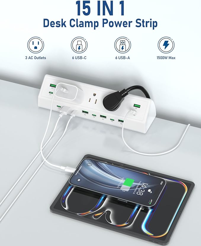 Jgstkcity 90W Desk Clamp Power Strip, 12 USB Ports, Surge Protector, ETL Listed - Image 5