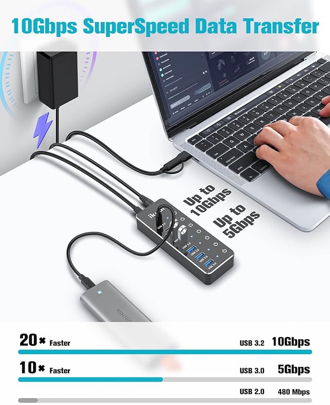 Powered USB Hub, ikuai 7-Port USB 3.2 / USB C Hub, - Image 3