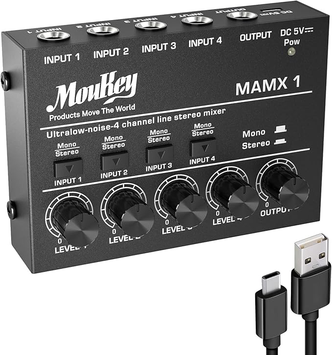 Moukey Mini Audio Mixer, DC 5V, 4 Stereo Ultra, Low Noise 4 Channel Line Mixer by Moukey