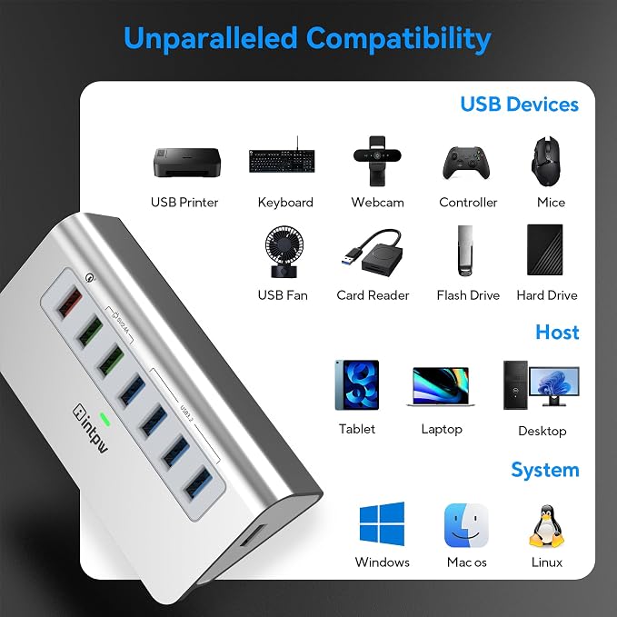 Powered USB Hub 10Gbps, Aluminum 7 Port USB 3.2 Data Hub - Image 7