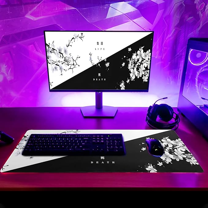 Black and White Japanese Cherry Blossom Gaming Mouse Pad Sakura Death Life - Image 6