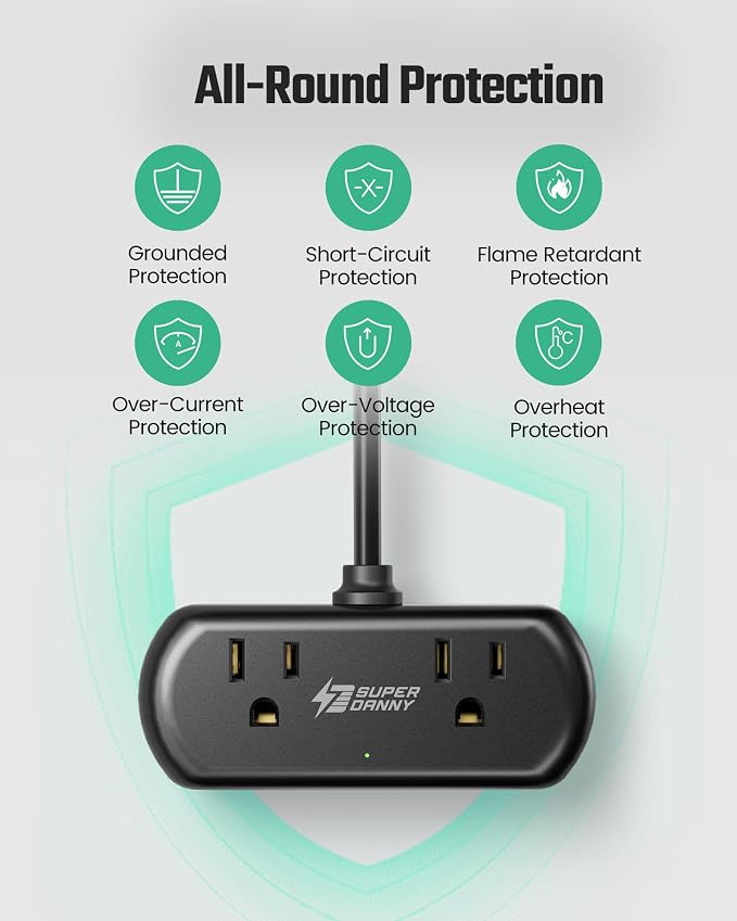 Power Strip with USB, SUPERDANNY Mini Surge Protector with 2 Wide-Spaced Outlets - Image 7