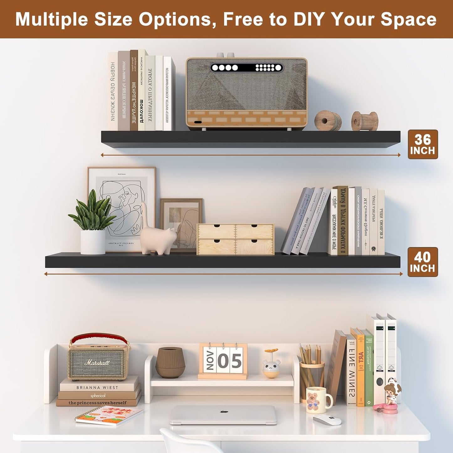 12 Inch Deep Floating Shelves for Wall 3 Pack Floating Shelves Large Storage Space Wall Mount Shelf for Living Room Kitchen Bathroom 36" W x 12" D x 1.2" H Black