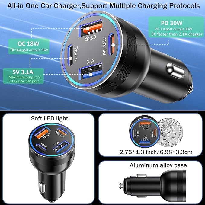 65W USB C Car Charger, 5 Pack 4-Port PD Super Fast Charging Type C Car Charger - Image 6