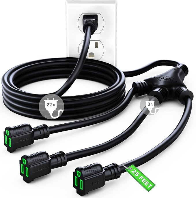 Maximm Extension Cord Splitter 12/3 AWG 1 to 3 Outlet, 25 Ft Black Indoor by MaximmCable