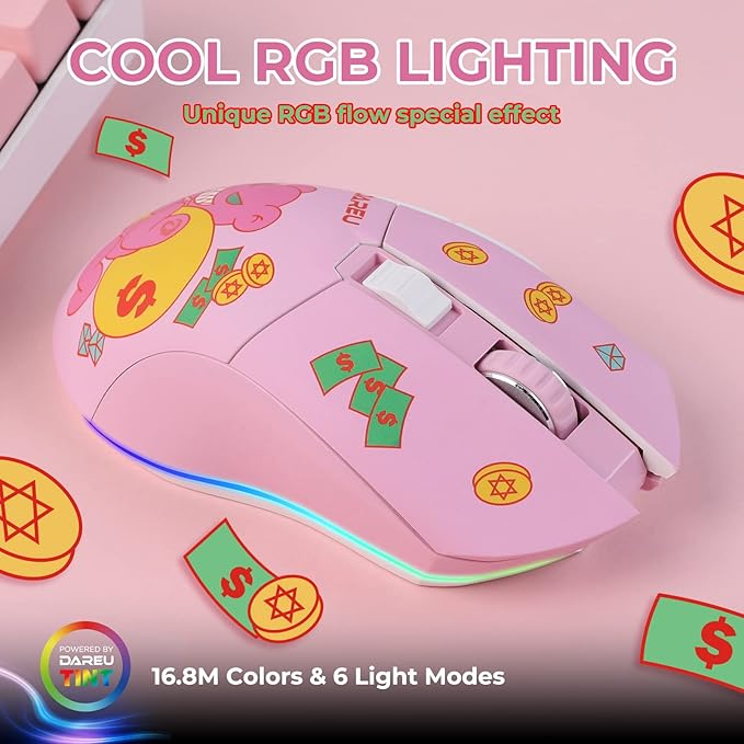 DAREU Pink Wireless Wired Gaming Mouse, Dual-Mode Rechargeable 7 Programmable - Image 2