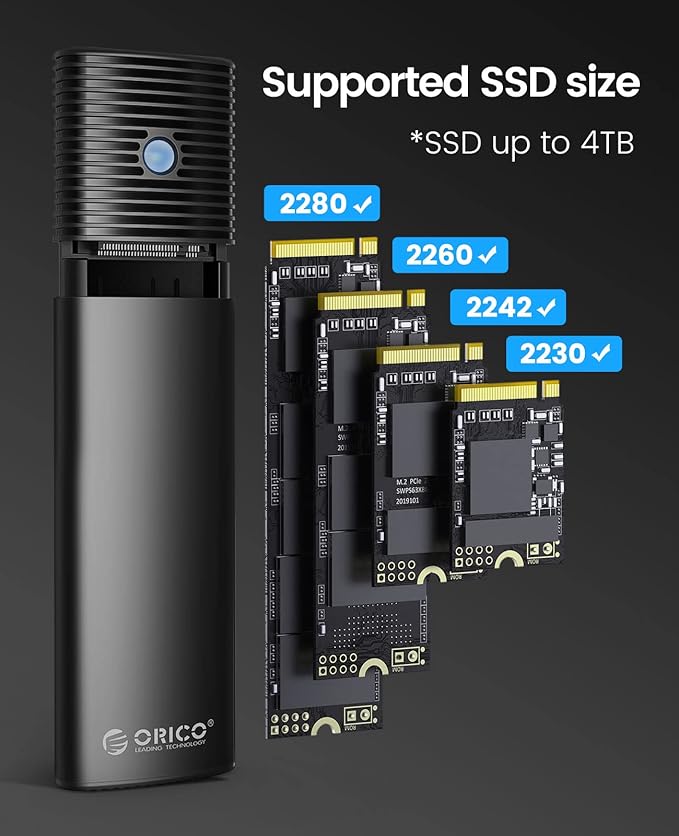 ORICO M.2 NVMe SATA SSD Enclosure Adapter Tool-Free, USB C 3.2 Gen 2 10Gbps NVMe - Image 4