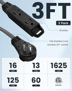 SURAIELEC 2 Pack Flat Extension Cord 3FT, 360° Rotating Plug, Braided Flat Plug - Image 2