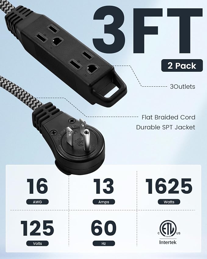 SURAIELEC 2 Pack Flat Extension Cord 3FT, 360° Rotating Plug, Braided Flat Plug - Image 2