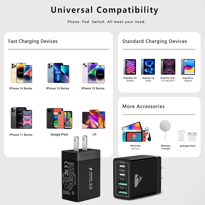 USB C Wall Charger Block 3-Pack, Aiminu 40W 4-Port PD Power Delivery Fast Type - Image 6