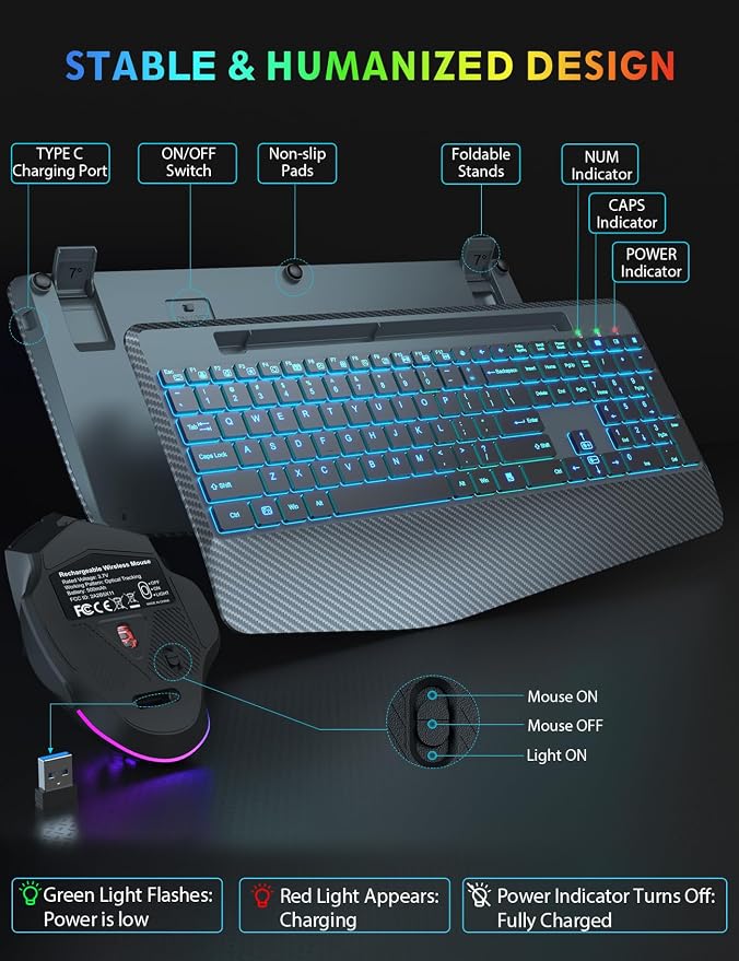 Wireless Keyboard and Mouse Backlits, Wrist Rest, Jiggler Mouse, Rechargeable - Image 8