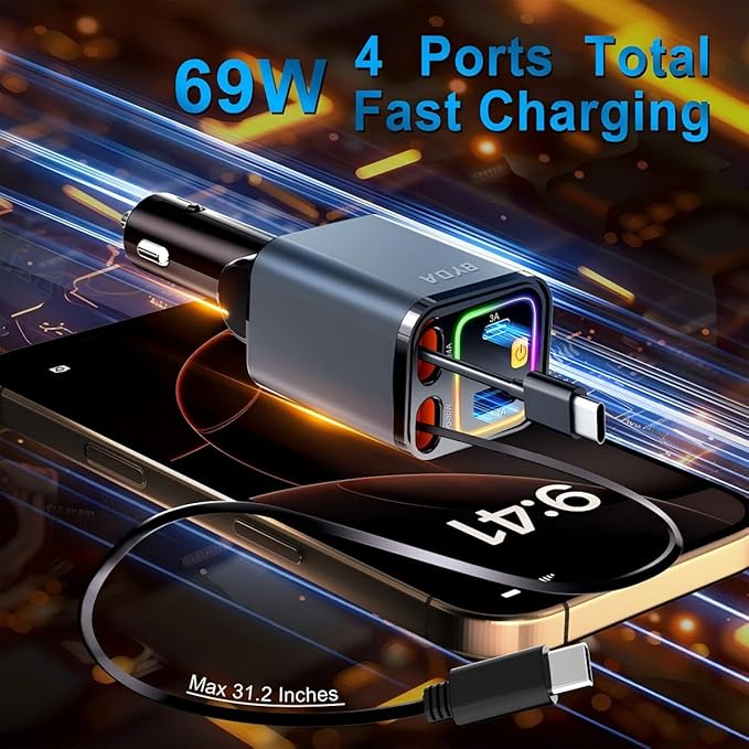 Retractable Car Charger, 4 in 1 Fast Charging USB-C & USB-A Compatible - Image 9
