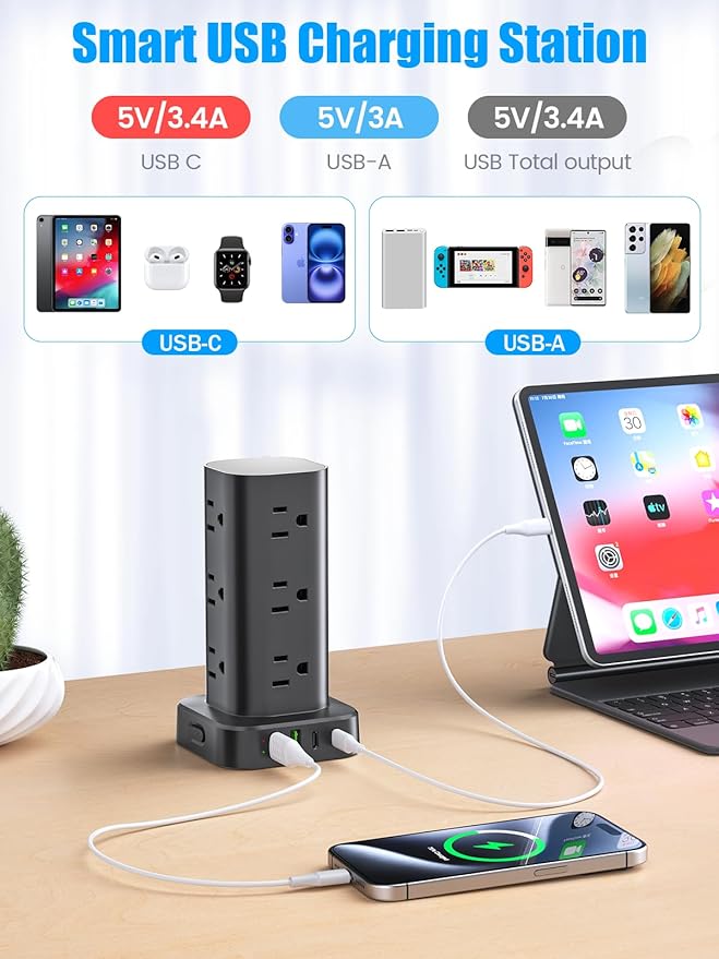 Tower Power Strip with 15W Wireless Charger, 10FT Flat Plug Extension Cord with - Image 6