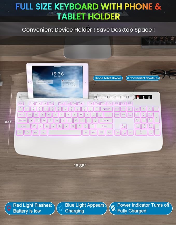 Wireless Keyboard with 7 Colored Backlit, Wrist Rest, Phone Holder, - Image 7