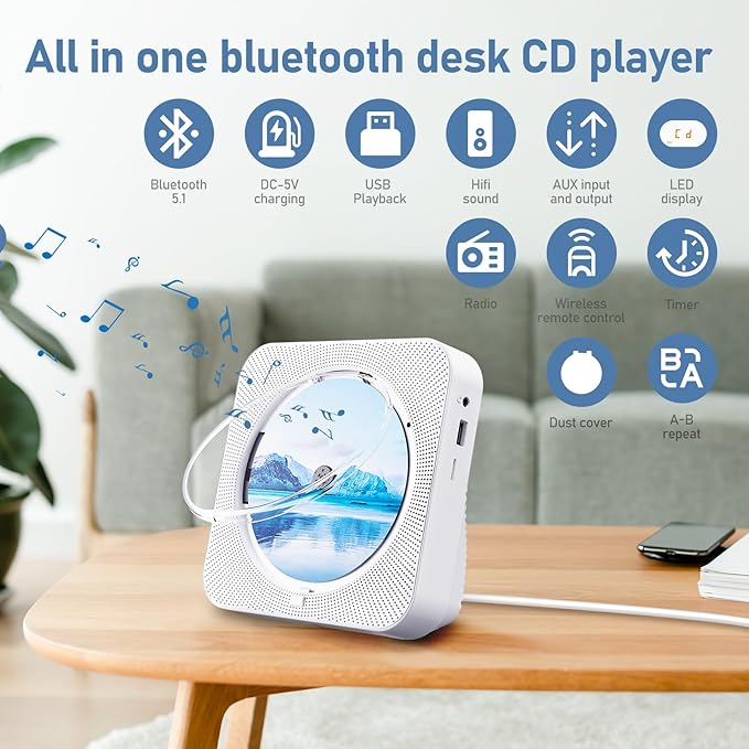 CD Player Portable Bluetooth 5.1 Desktop CD Player - Image 3