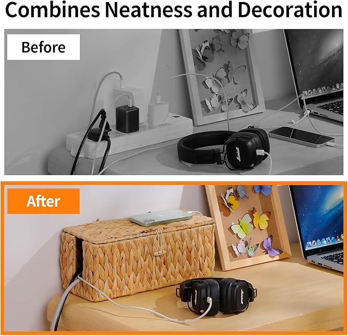 Cable Management Box, Hand-Woven Water Hyacinth Decorative Cord Organizer - Image 2