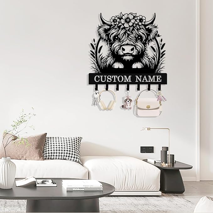 Personalized Highland Cow Key Holder Wall Mount, Custom Metal Key Rack Key - Image 3