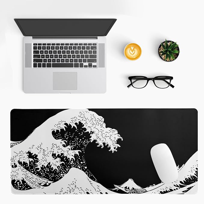 Japanese Sea Wave Large Mouse Pad, Abstract Black Gaming Mousepad, Extended - Image 3